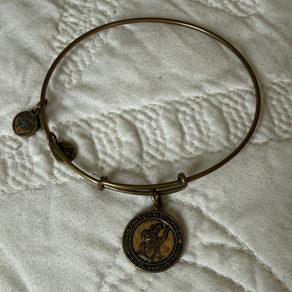 Antique Brass St. Christopher Coin Bangle Bracelet